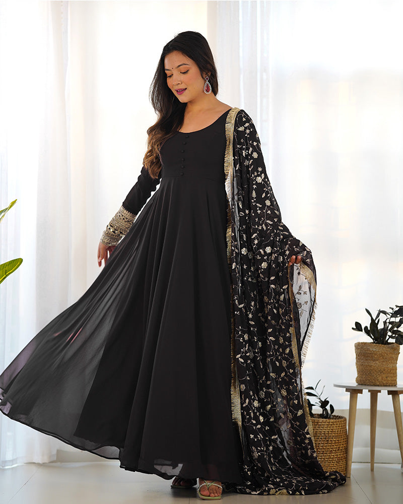 Black Color Soft Georgette Anarkali Gown With Heavy Embroidery Work Dupatta