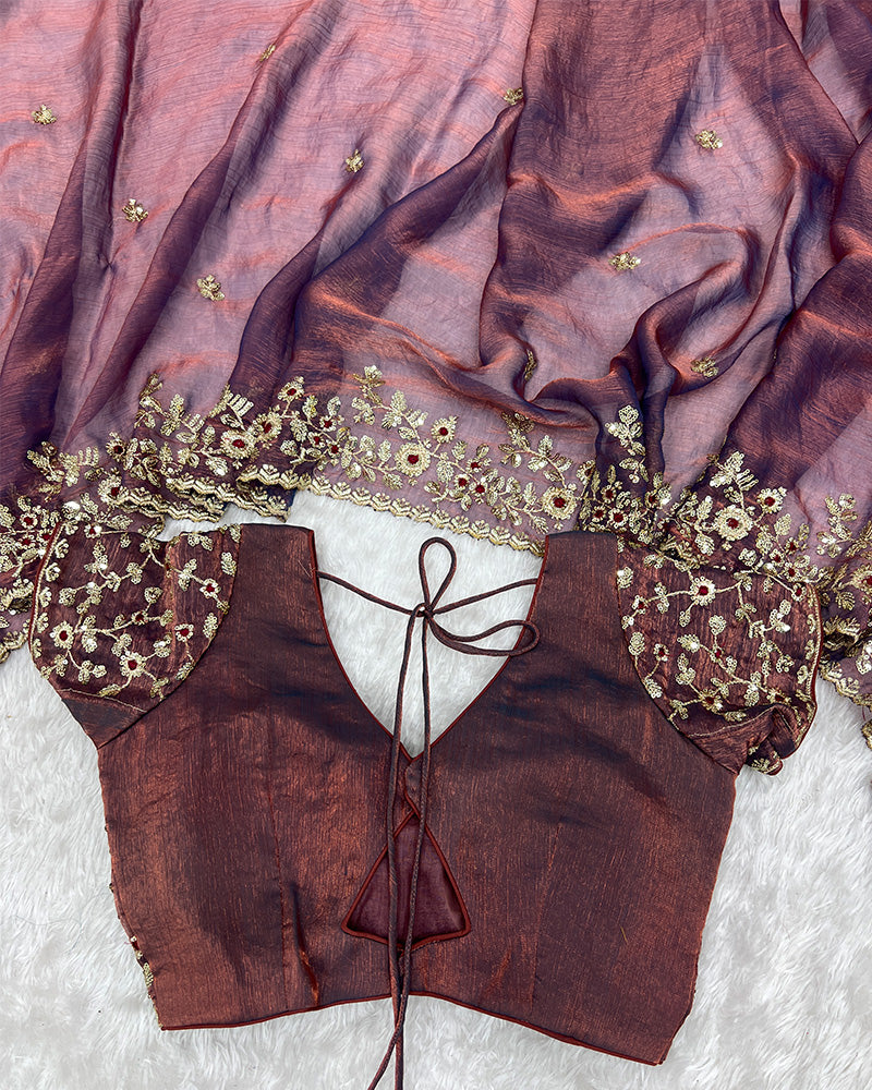 Dusty Mauve Color Fendi Chiffon Sequence Embroidered Saree