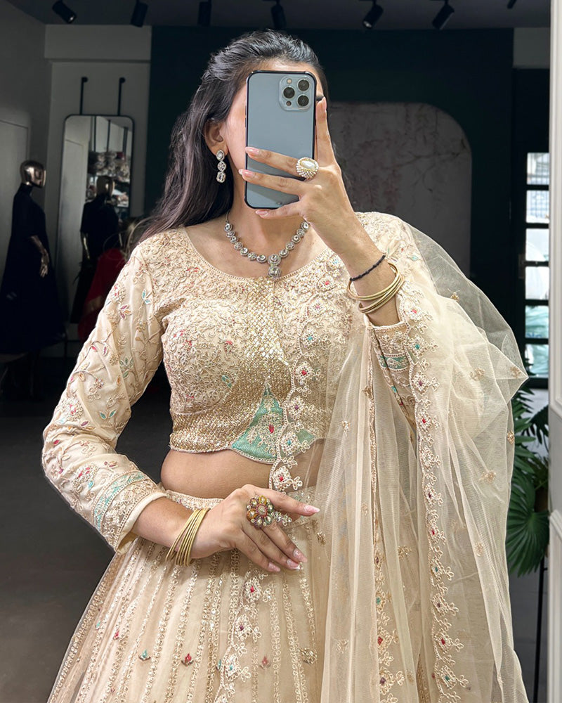 Cream Color Soft Net Embroidered Lehenga Choli