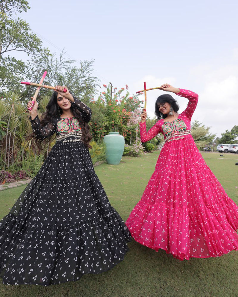 Four Color Georgette Bandhani Print Navratri Gown