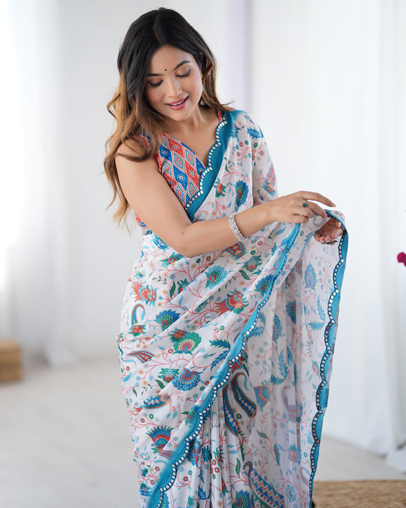 White Color Chinnon Silk Mirror Work Saree