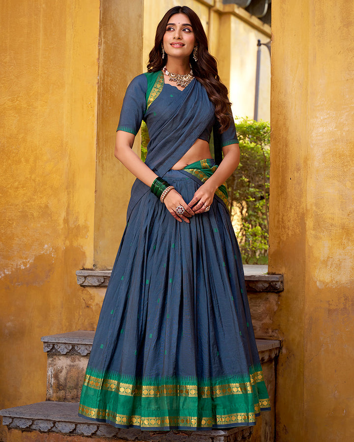 Elegant Navy Blue Chanderi Cotton half saree lehenga choli