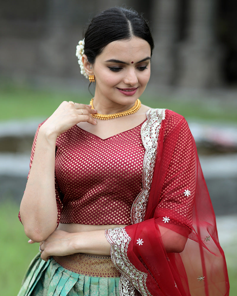 Red Color Kanjivaram Pattu Silk Designer Half Saree