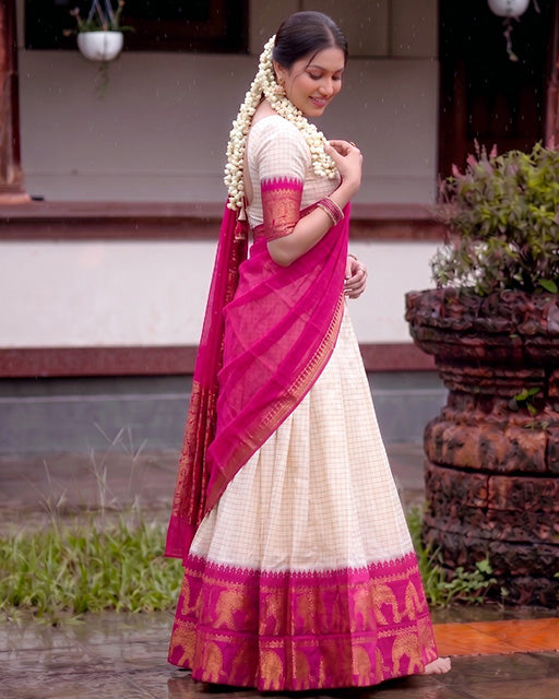 White And Pink Color Poly Cotton Chex Onam Half Saree