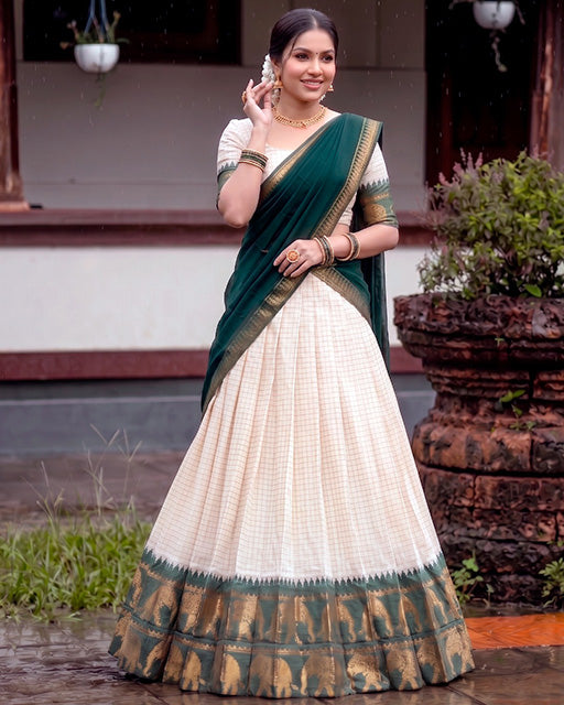 White And Green Color Poly Cotton Chex Onam Half Saree