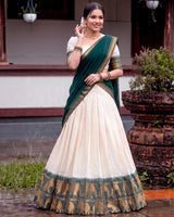 White And Green Color Poly Cotton Chex Onam Half Saree