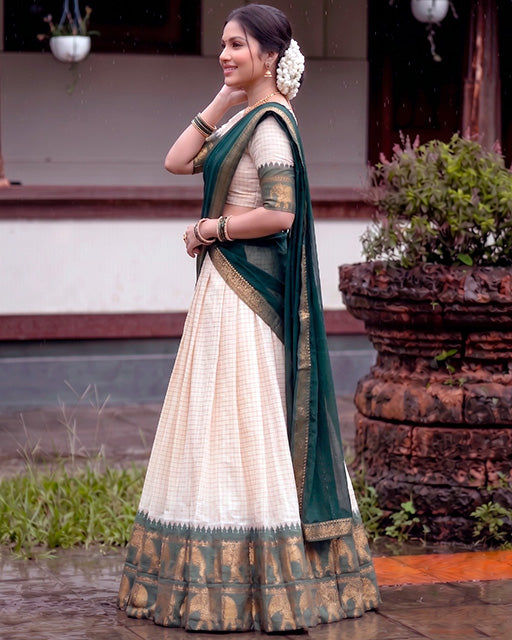 White And Green Color Poly Cotton Chex Onam Half Saree
