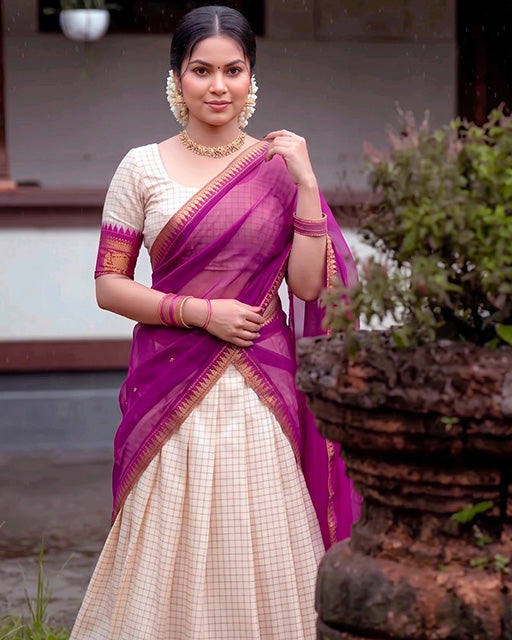 White And Wine Color Poly Cotton Chex Onam Half Saree
