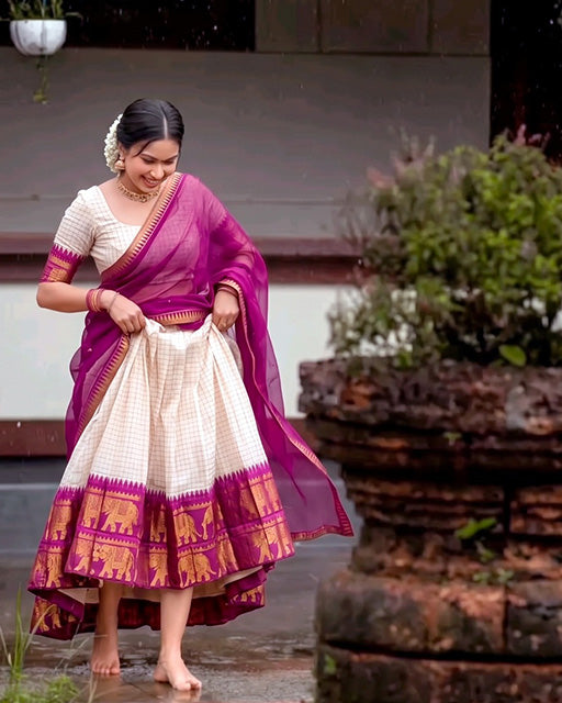 White And Wine Color Poly Cotton Chex Onam Half Saree