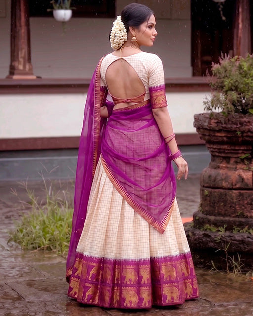White And Wine Color Poly Cotton Chex Onam Half Saree