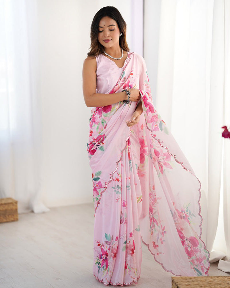 Baby Pink Color Chinnon Silk Digital Printed Saree