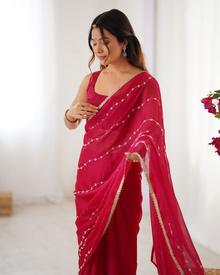 Rani Pink Color Smooth Sitara Embroidered Saree