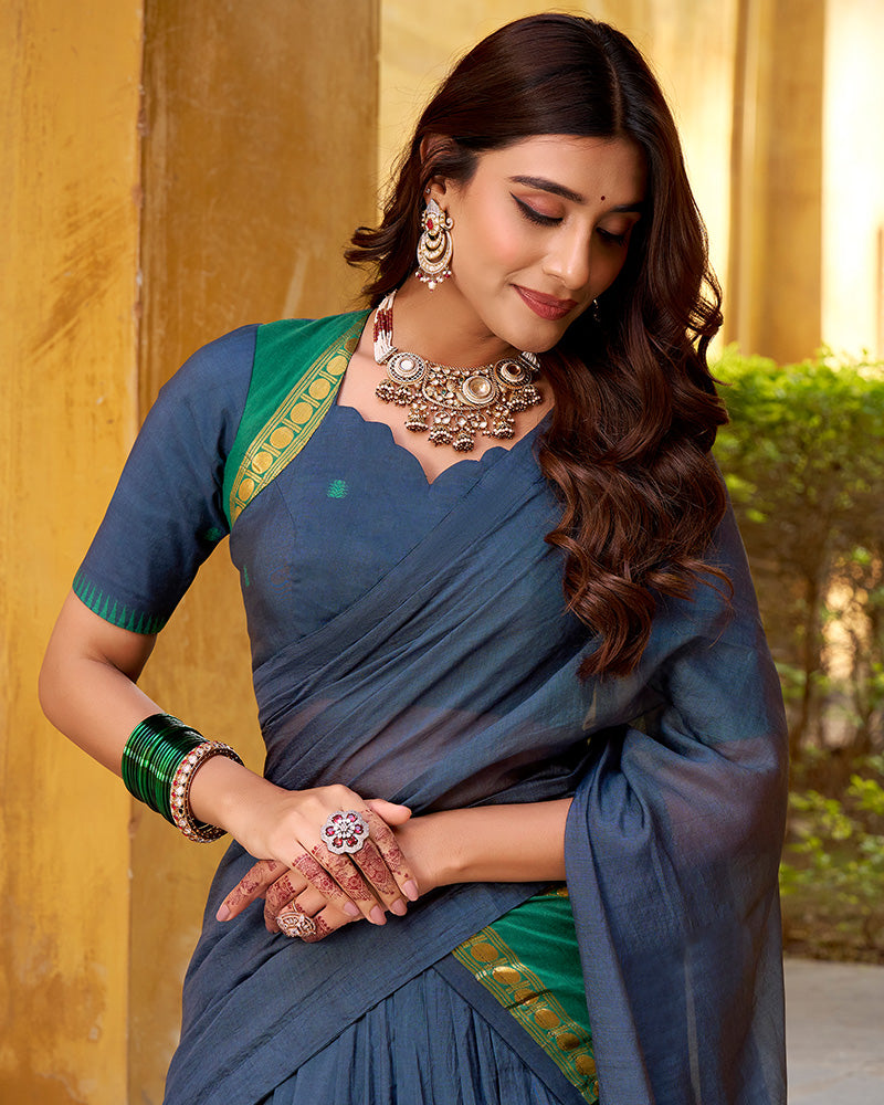 Elegant Navy Blue Chanderi Cotton half saree lehenga choli