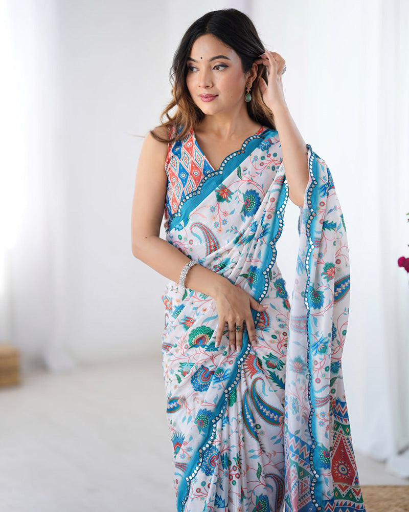 White Color Chinnon Silk Mirror Work Saree