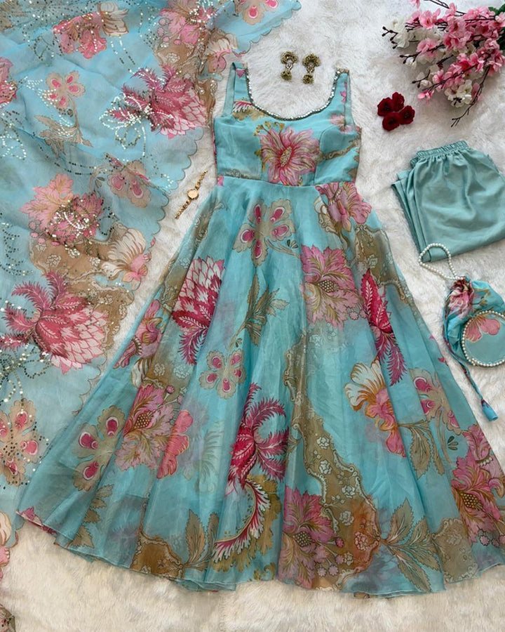 Sky Blue Color Digital Printed Soft Organza Anarkali Suit
