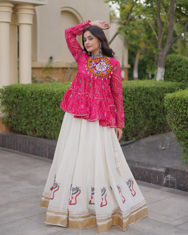 Rani Pink Color Bandhani Printed With Kora Cotton Lehenga