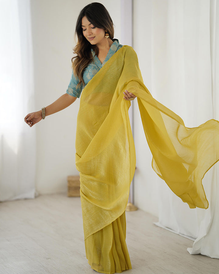 Lime Yellow Color Sparkle Silk Pre Draped Saree