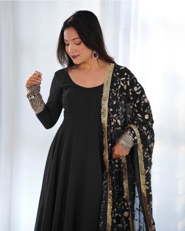 Black Color Soft Georgette Anarkali Gown With Heavy Embroidery Work Dupatta