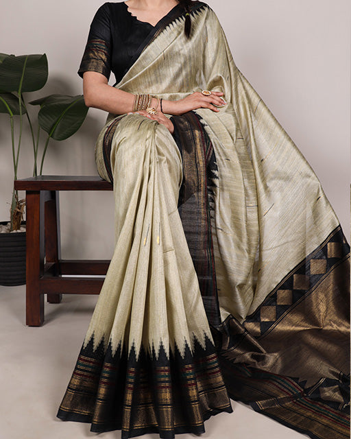 Ivory Gold Color Bhagalpuri Silk Saree with Zari Weaving Work