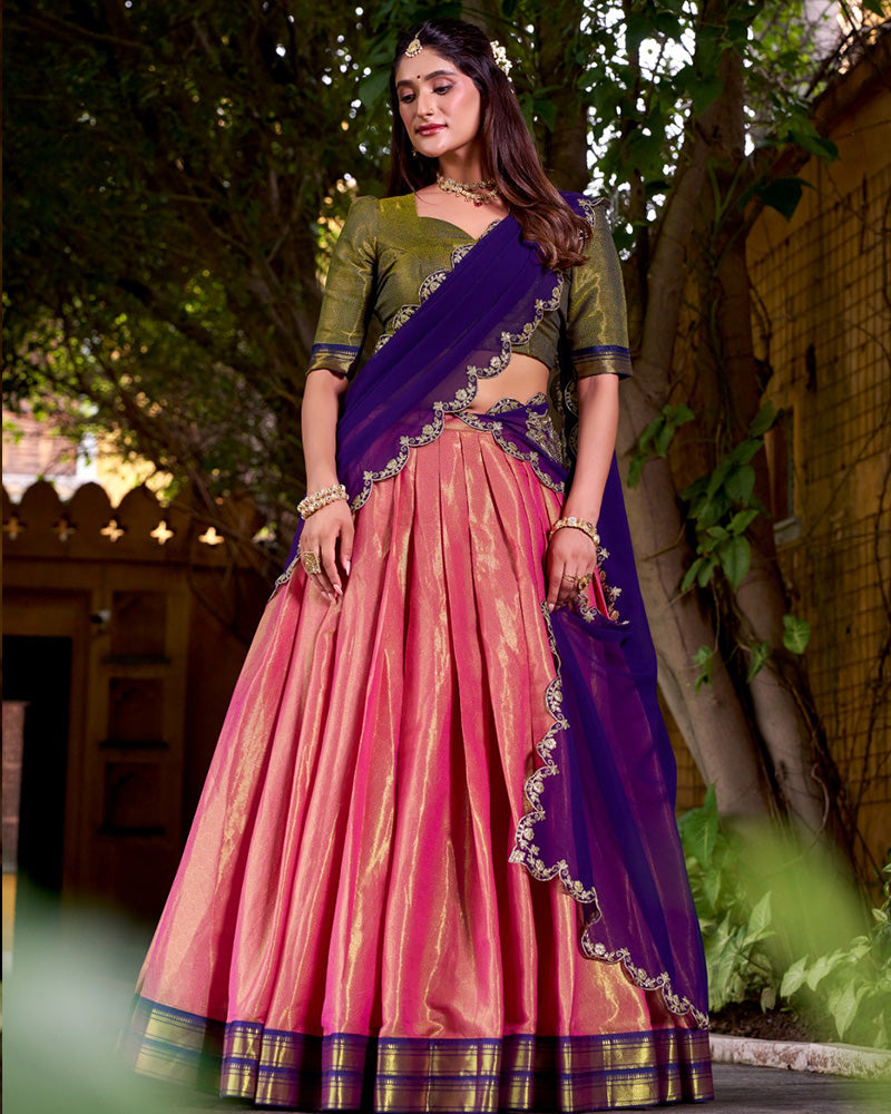 Designer Orange Color Kanchipuram Zari Weaving Half Saree