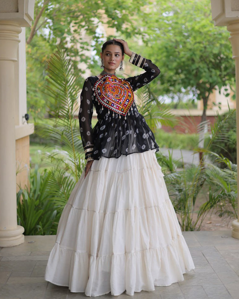 Black Color Bandhani Printed With Kora Cotton Navratri Lehenga Set