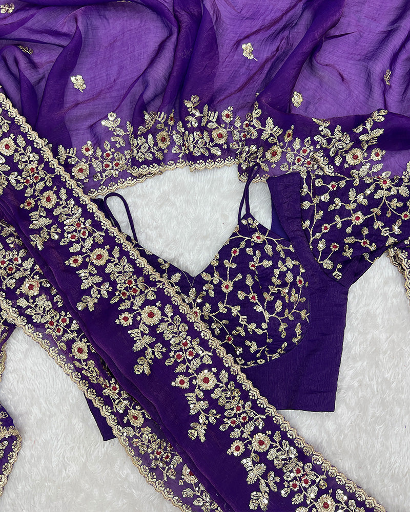 Purple Color Fendi Chiffon Sequence Embroidered Saree
