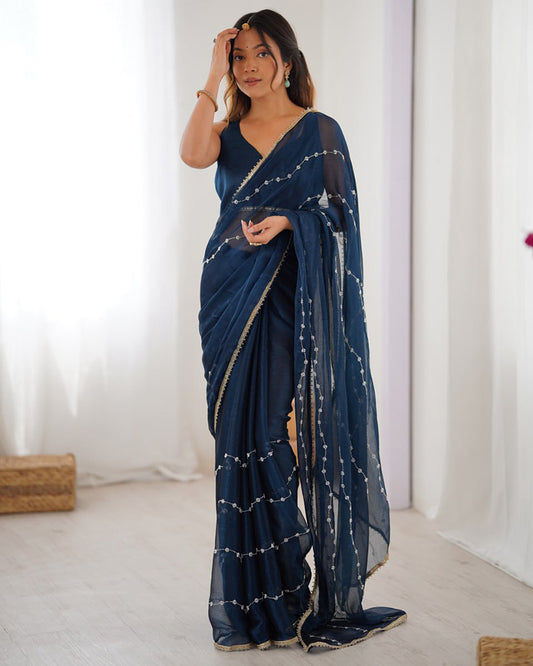 Navy Blue Color Smooth Sitara Embroidered Saree
