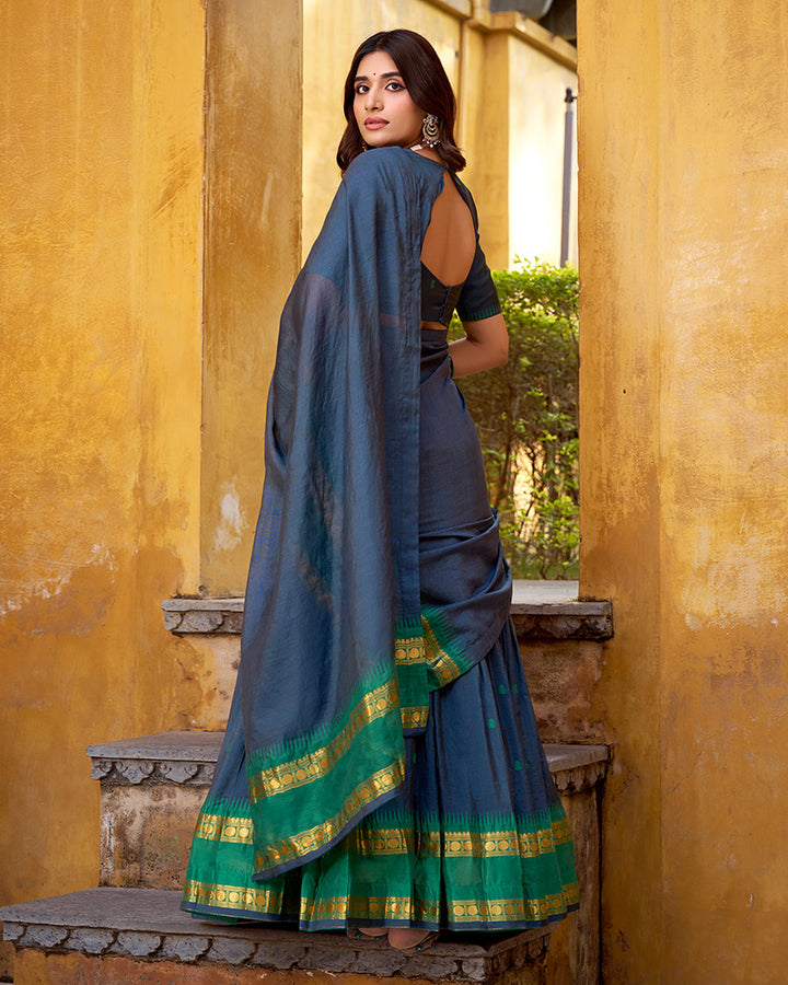 Elegant Navy Blue Chanderi Cotton half saree lehenga choli