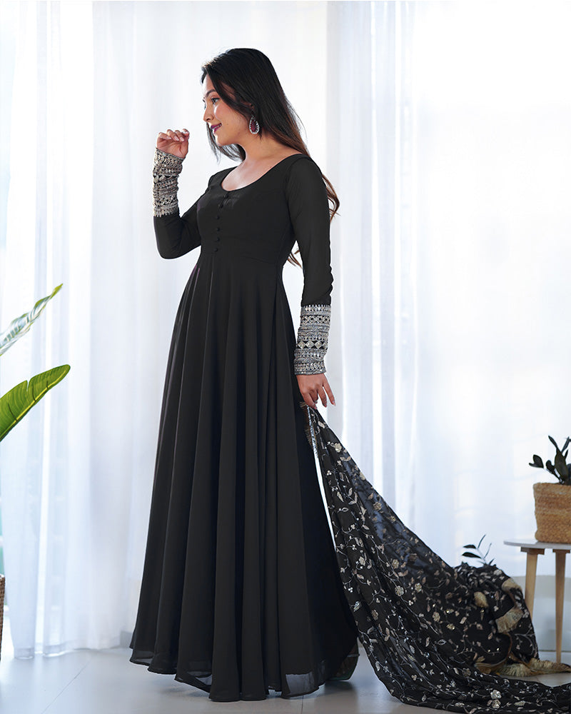 black anarkali dress Gown in Faux Georgette with Embroidery Sequence Work Micro Cotton Silk Style Embroidery Plain Black Anarkali Dress