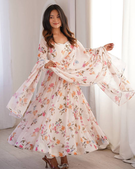 White Color Georgette Three Piece Anarkali Suit