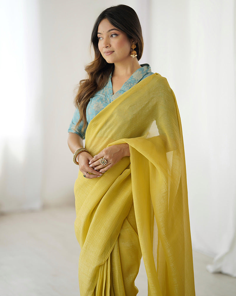 Lime Yellow Color Sparkle Silk Pre Draped Saree