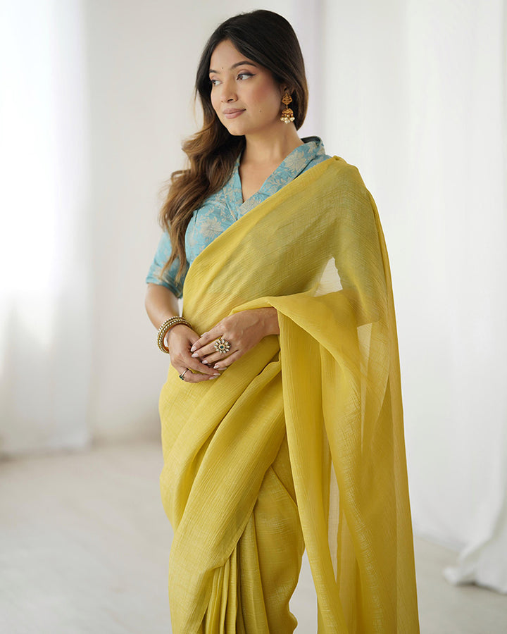 Lime Yellow Color Sparkle Silk Pre Draped Saree