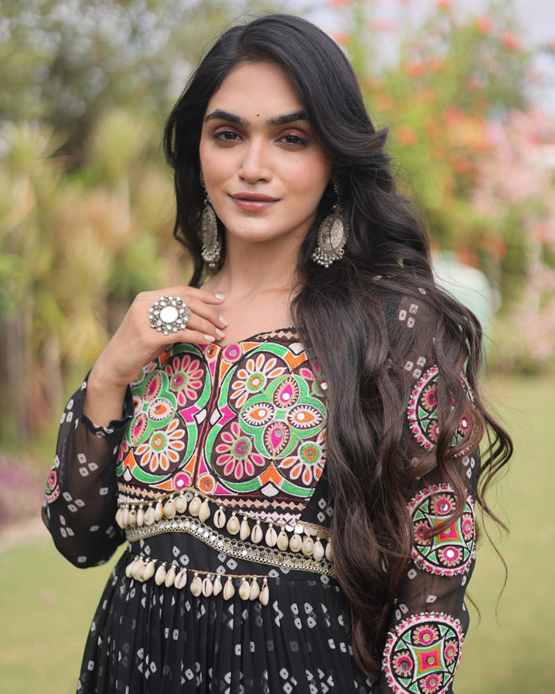 Four Color Georgette Bandhani Print Navratri Gown