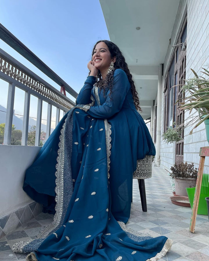 Priyanka Bhardwaj Rama Color Anarkali Gown With Heavy Embroidered Dupatta