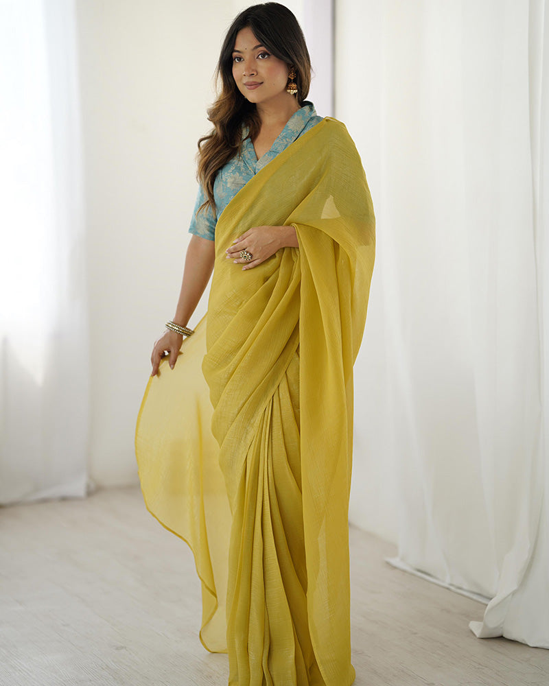Lime Yellow Color Sparkle Silk Pre Draped Saree