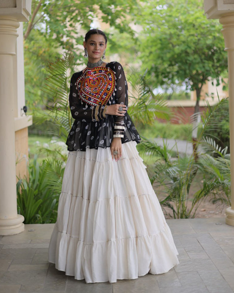 Black Color Bandhani Printed With Kora Cotton Navratri Lehenga Set