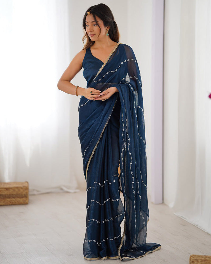 Navy Blue Color Smooth Sitara Embroidered Saree