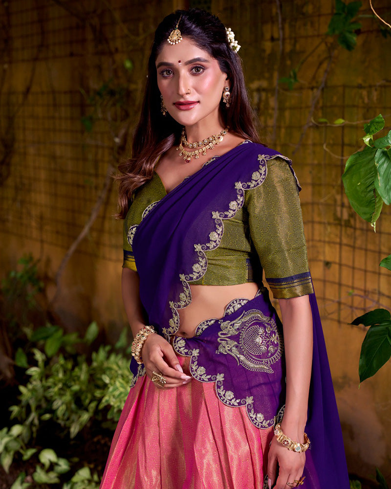 Designer Orange Color Kanchipuram Zari Weaving Half Saree