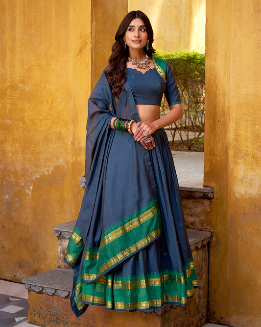 Elegant Navy Blue Chanderi Cotton half saree lehenga choli