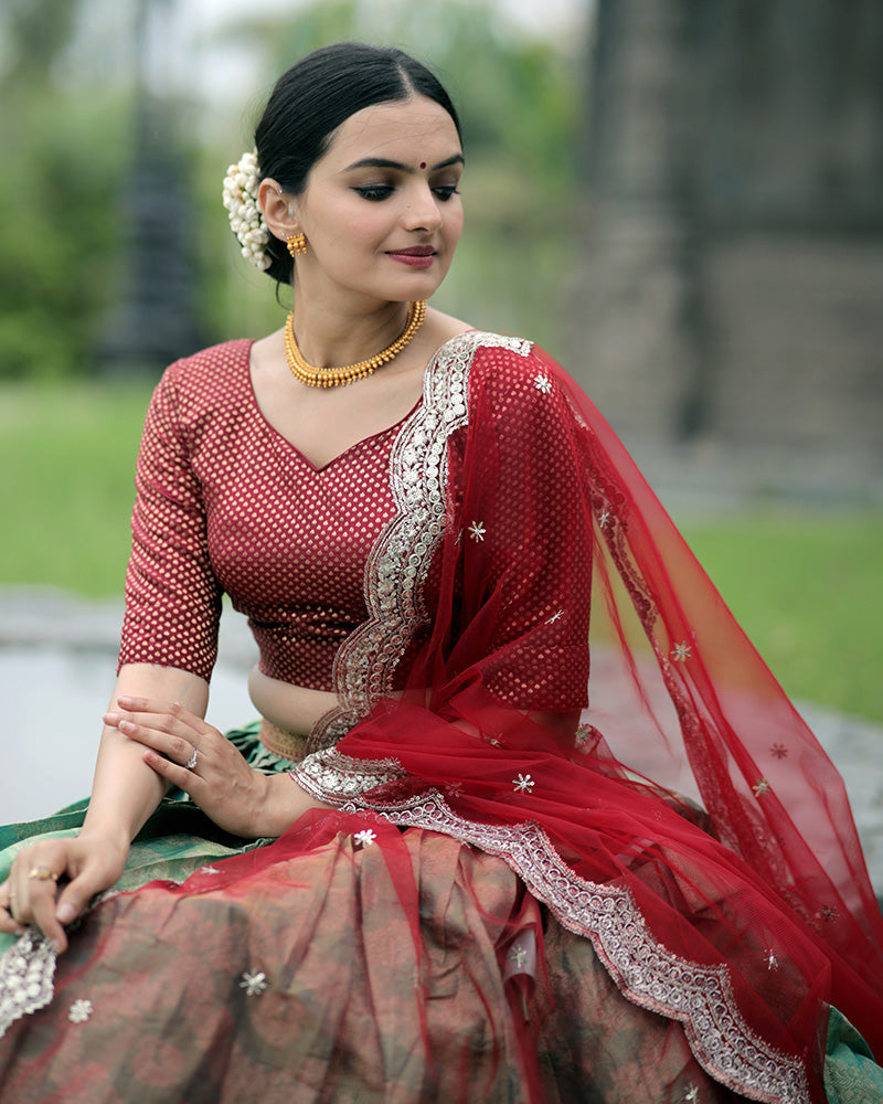 Red Color Kanjivaram Pattu Silk Designer Half Saree