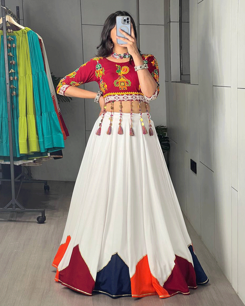 White And Maroon Color Rayon Cotton Navratri Lehenga Set