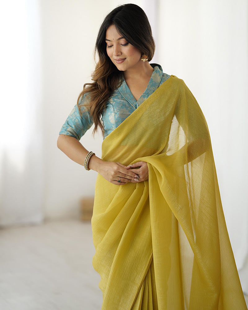 Lime Yellow Color Sparkle Silk Pre Draped Saree