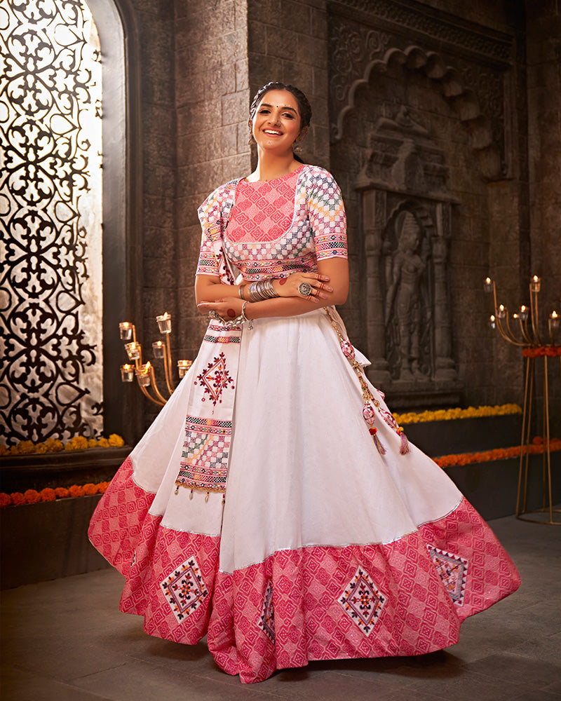 Pink And White Color Jacquard Cotton Thread With Mirror Work Navratri Lehenga Choli
