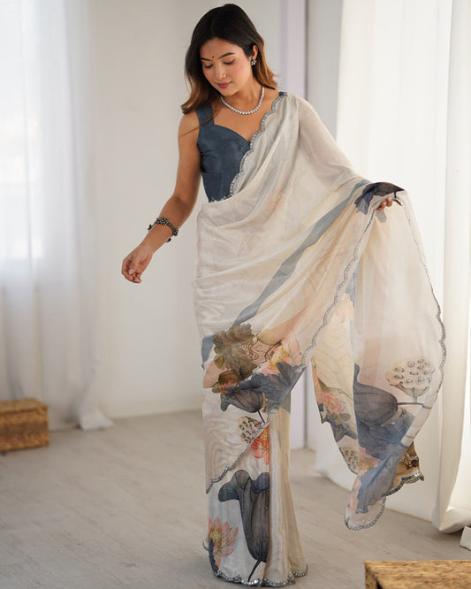 Cream White Color Chinnon Silk Digital Printed Saree