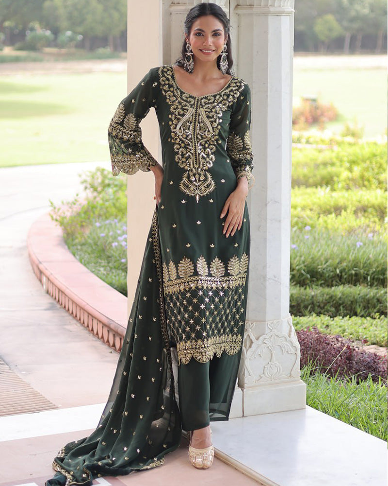 Mehndi Color Georgette Embroidered Three Piece Kurti Suit