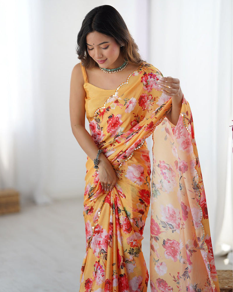 Yellow Color Chinnon Silk Mirror Work Saree