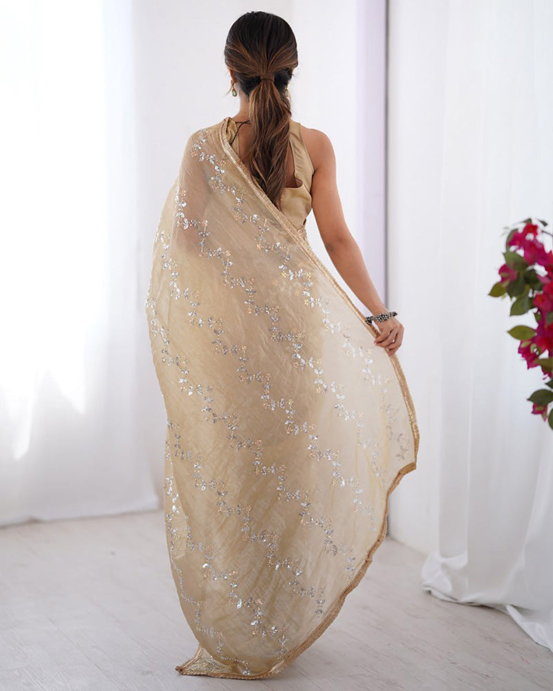 Cream Color Smooth Gold Crush Embroidered Saree