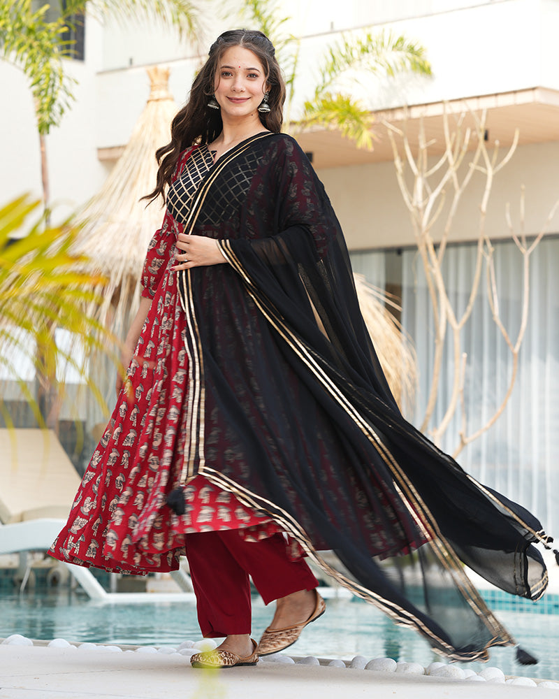 Red And Black Color Printed Pure Cotton Anarkali Suit