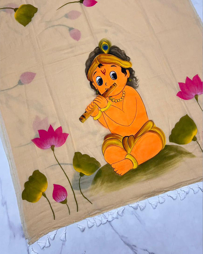 Cream Color Pure Mal Cotton Krishna Printed Saree