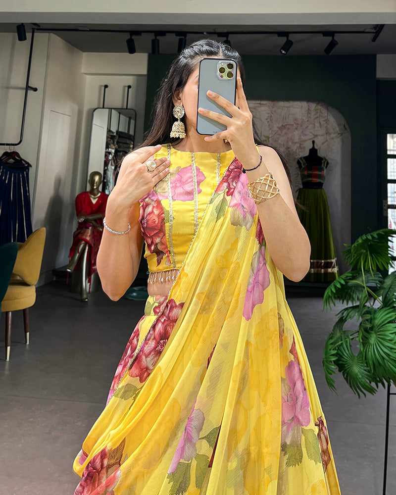 Yellow Color Lightweight Chiffon Printed Lehenga Choli